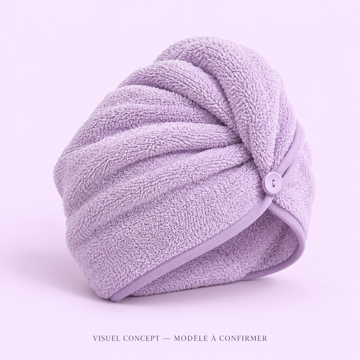 Visuel concept — Serviette pour cheveux DEENII ; modèle fournisseur à confirmer.