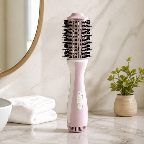 Brosse soufflante volumisante DEENII rose et blanche sur une coiffeuse