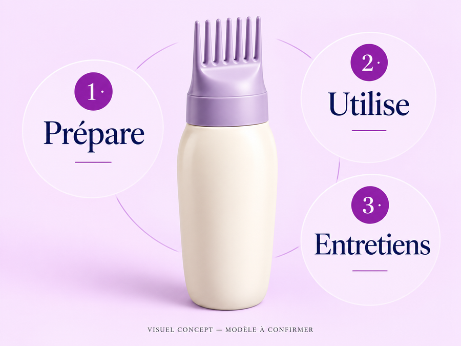 Applicateur de soin capillaire DEENII — gestes ; visuel concept, modèle à confirmer.