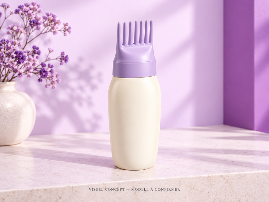 Applicateur de soin capillaire DEENII — rangement ; visuel concept, modèle à confirmer.
