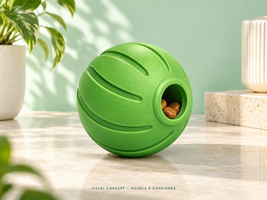 Balle distributrice de friandises DEENII — rangement ; visuel concept, modèle à confirmer.