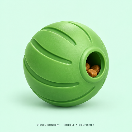 Visuel concept — Balle distributrice de friandises DEENII ; modèle fournisseur à confirmer.