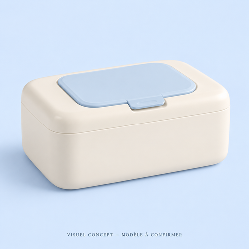 Visuel concept — Boîte de rangement pour lingettes DEENII ; modèle fournisseur à confirmer.