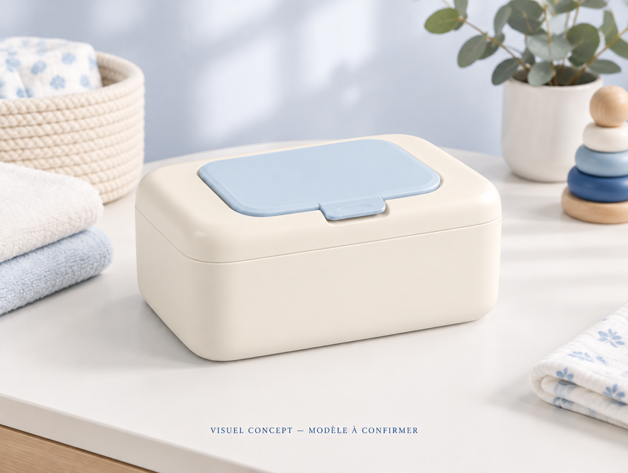 Boîte de rangement pour lingettes DEENII — mise en situation illustrative ; visuel concept, modèle à confirmer.