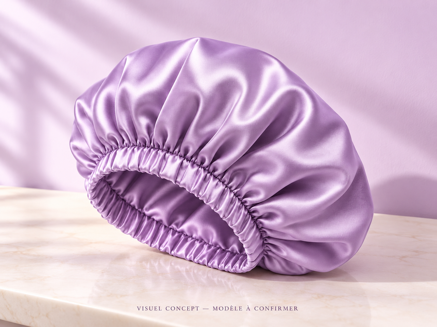 Bonnet de nuit en satin DEENII — rangement ; visuel concept, modèle à confirmer.