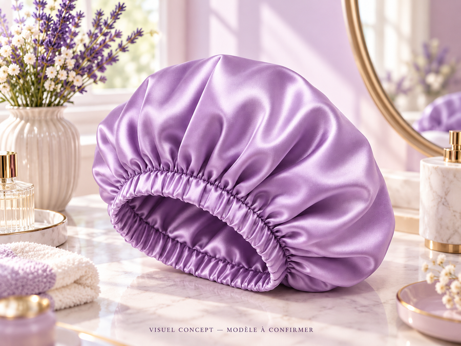Bonnet de nuit en satin DEENII — situation ; visuel concept, modèle à confirmer.