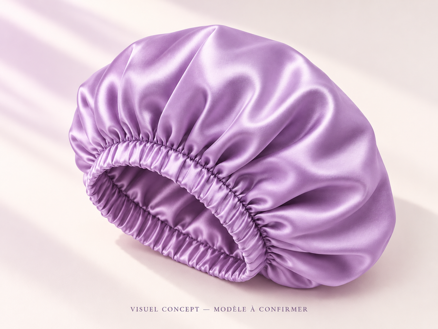 Bonnet de nuit en satin DEENII — vue ; visuel concept, modèle à confirmer.