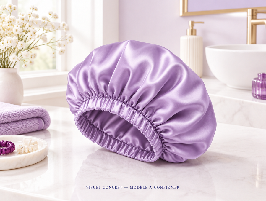 Bonnet de nuit en satin DEENII — mise en situation illustrative ; visuel concept, modèle à confirmer.