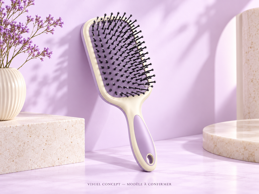 Brosse de coiffage DEENII — rangement ; visuel concept, modèle à confirmer.
