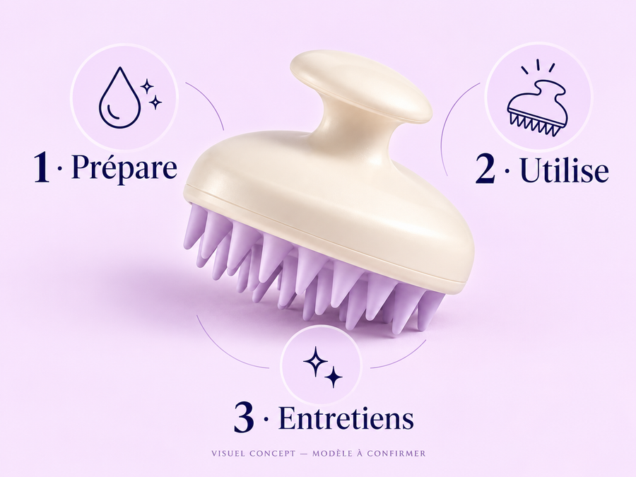 Brosse de massage du cuir chevelu DEENII — gestes ; visuel concept, modèle à confirmer.
