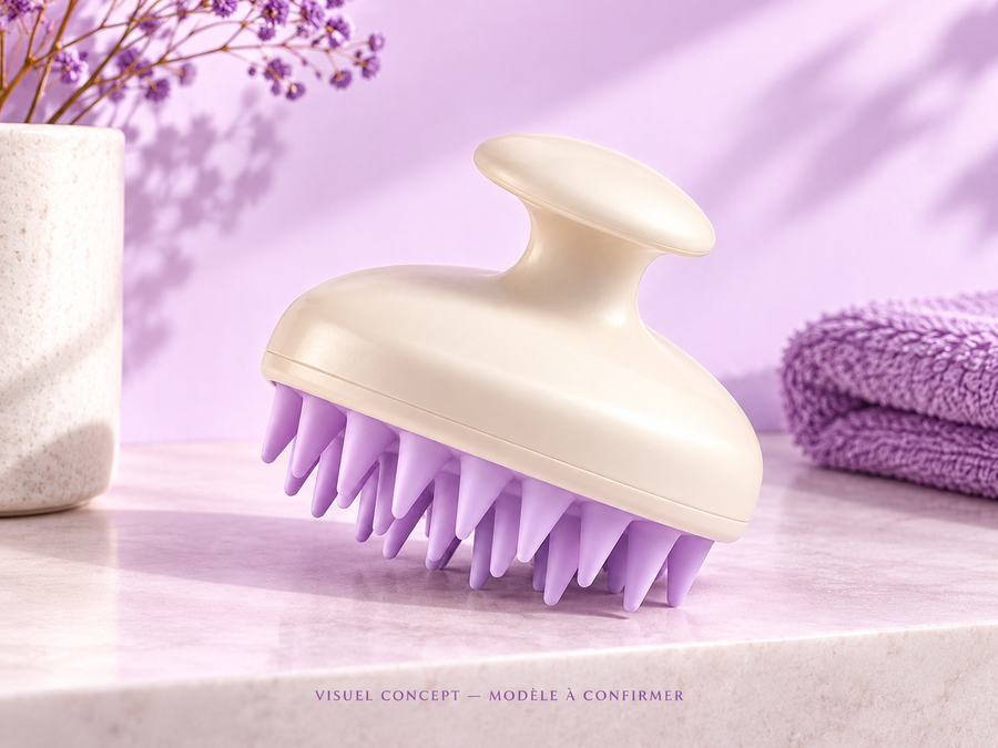 Brosse de massage du cuir chevelu DEENII — rangement ; visuel concept, modèle à confirmer.