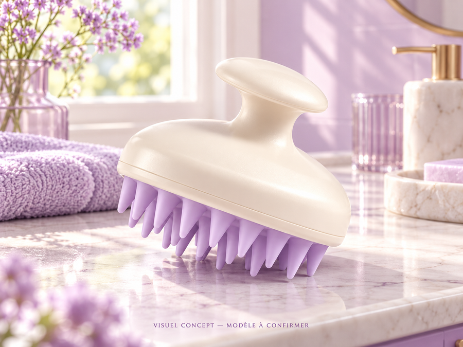 Brosse de massage du cuir chevelu DEENII — situation ; visuel concept, modèle à confirmer.