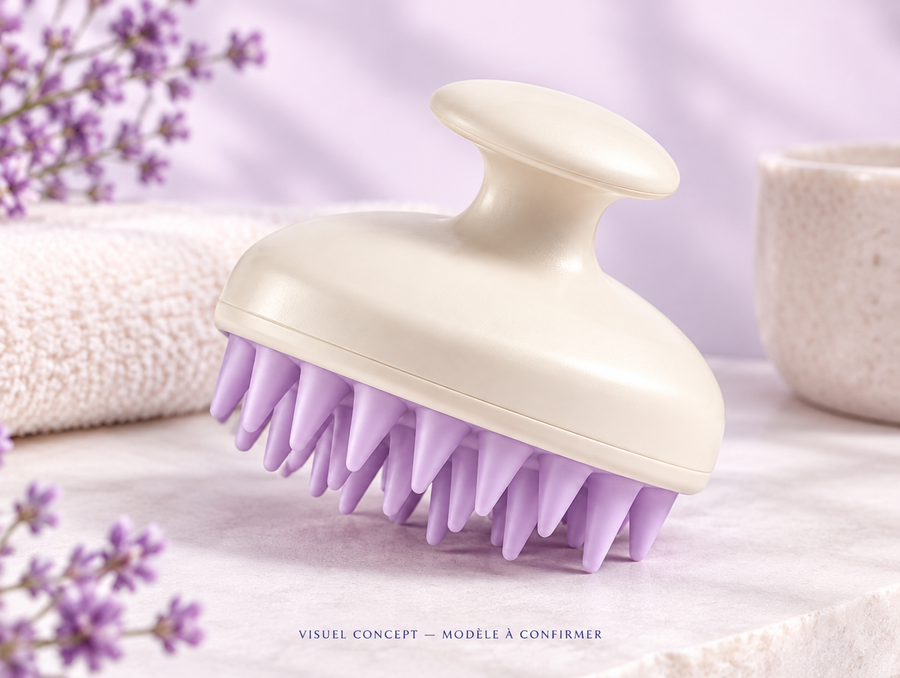 Brosse de massage du cuir chevelu DEENII — détail illustratif ; visuel concept, modèle à confirmer.