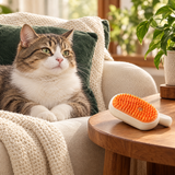 chat au repos sur un canapé, avec la brosse DEENII sur une table voisine