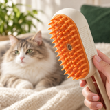 mains tenant la brosse DEENII, avec un chat en arrière-plan