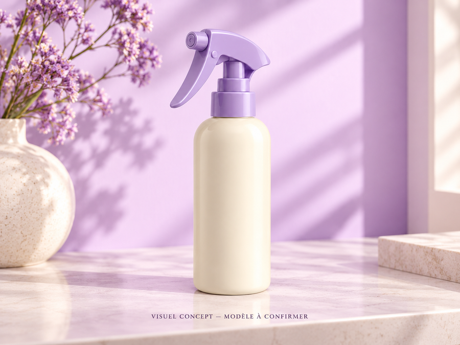 Flacon brumisateur pour cheveux DEENII — rangement ; visuel concept, modèle à confirmer.