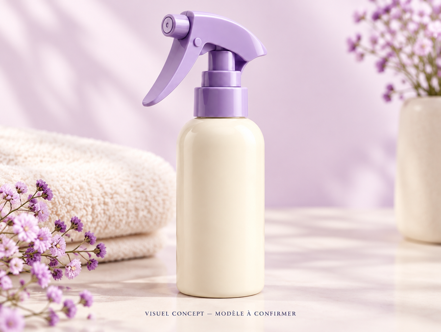 Flacon brumisateur pour cheveux DEENII — détail illustratif ; visuel concept, modèle à confirmer.