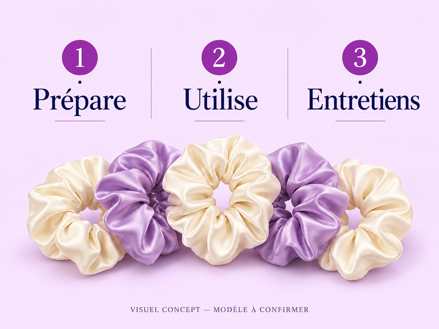 Chouchous en satin DEENII — gestes ; visuel concept, modèle à confirmer.