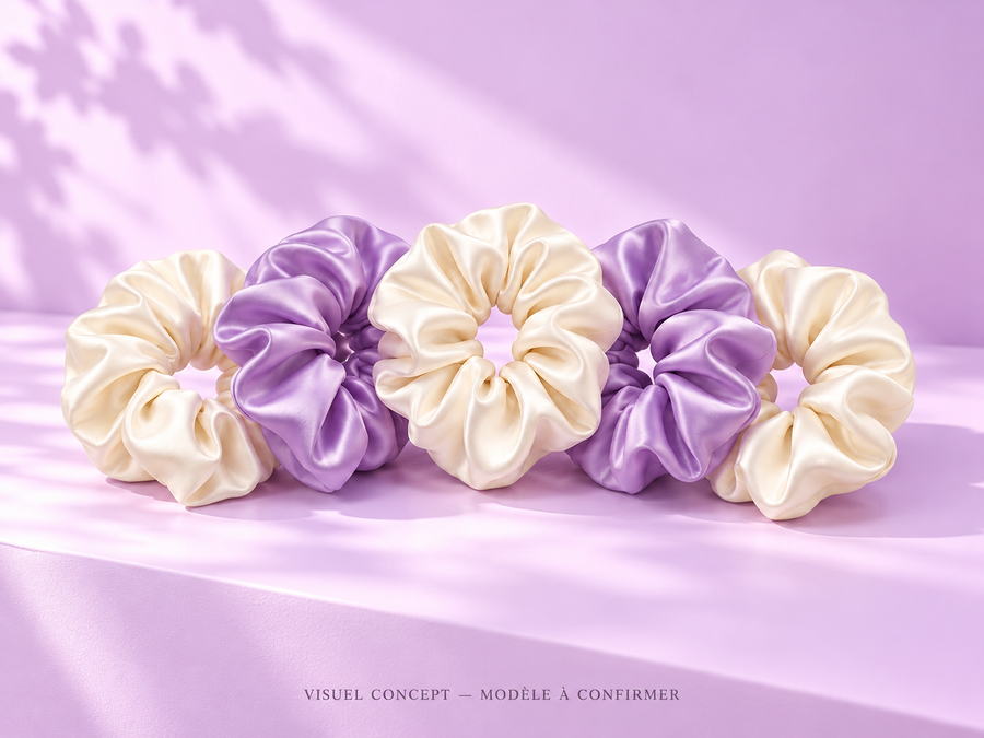 Chouchous en satin DEENII — rangement ; visuel concept, modèle à confirmer.