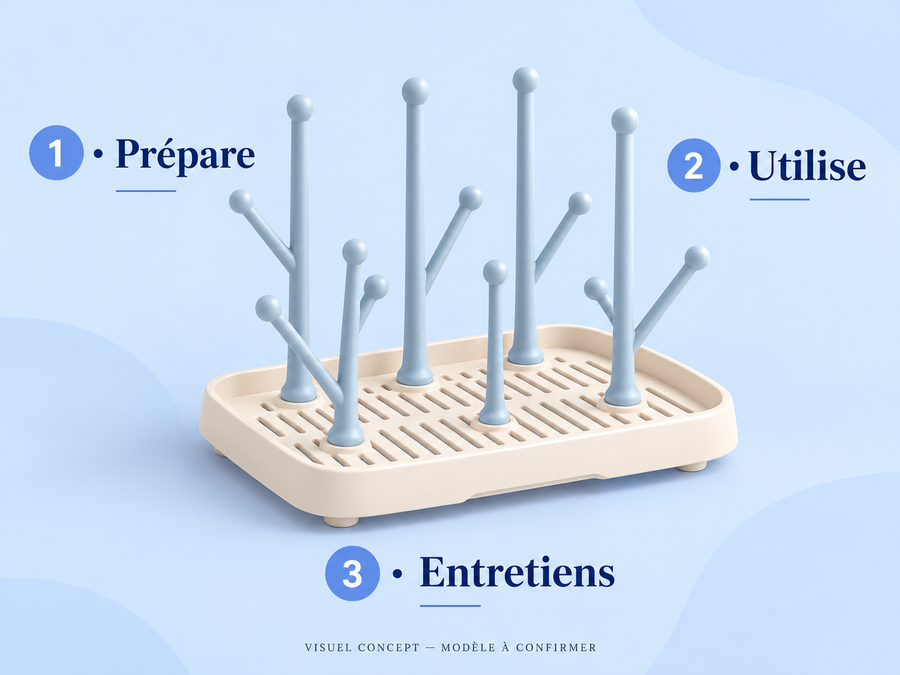 Égouttoir pour biberons DEENII — gestes ; visuel concept, modèle à confirmer.