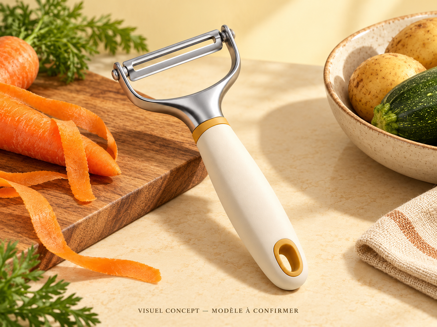 Éplucheur à légumes DEENII — rangement ; visuel concept, modèle à confirmer.