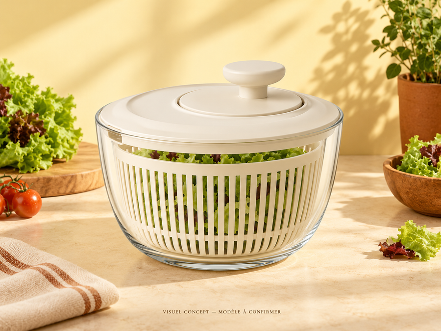 Essoreuse à salade DEENII — rangement ; visuel concept, modèle à confirmer.
