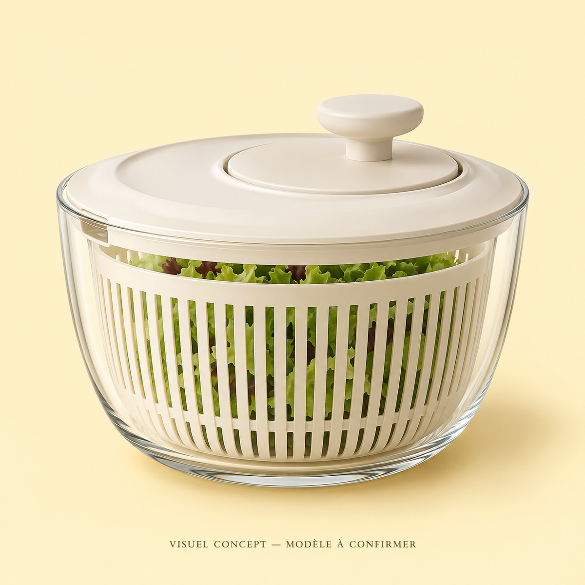Visuel concept — Essoreuse à salade DEENII ; modèle fournisseur à confirmer.