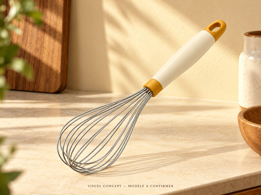 Fouet de cuisine DEENII — rangement ; visuel concept, modèle à confirmer.