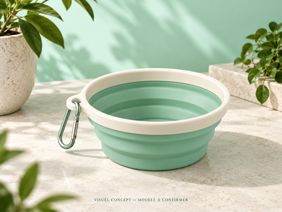 Gamelle de voyage pour animaux DEENII — rangement ; visuel concept, modèle à confirmer.