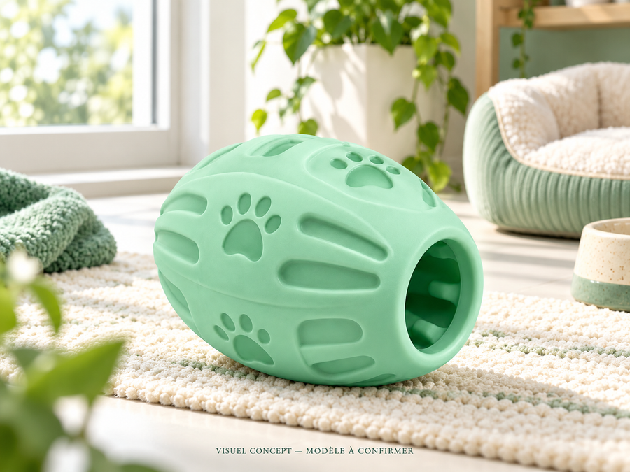 Jouet à garnir pour chien DEENII — situation ; visuel concept, modèle à confirmer.