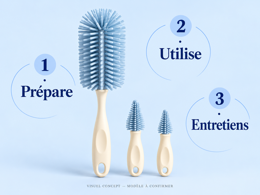 Kit de goupillons pour biberons DEENII — gestes ; visuel concept, modèle à confirmer.