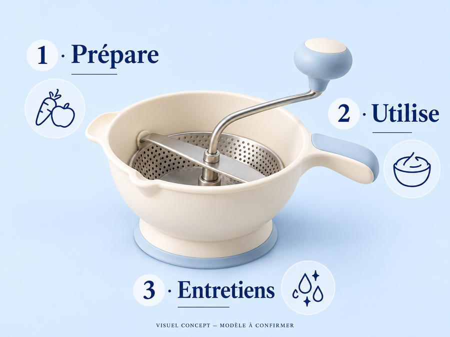 Moulin manuel pour préparations bébé DEENII — gestes ; visuel concept, modèle à confirmer.