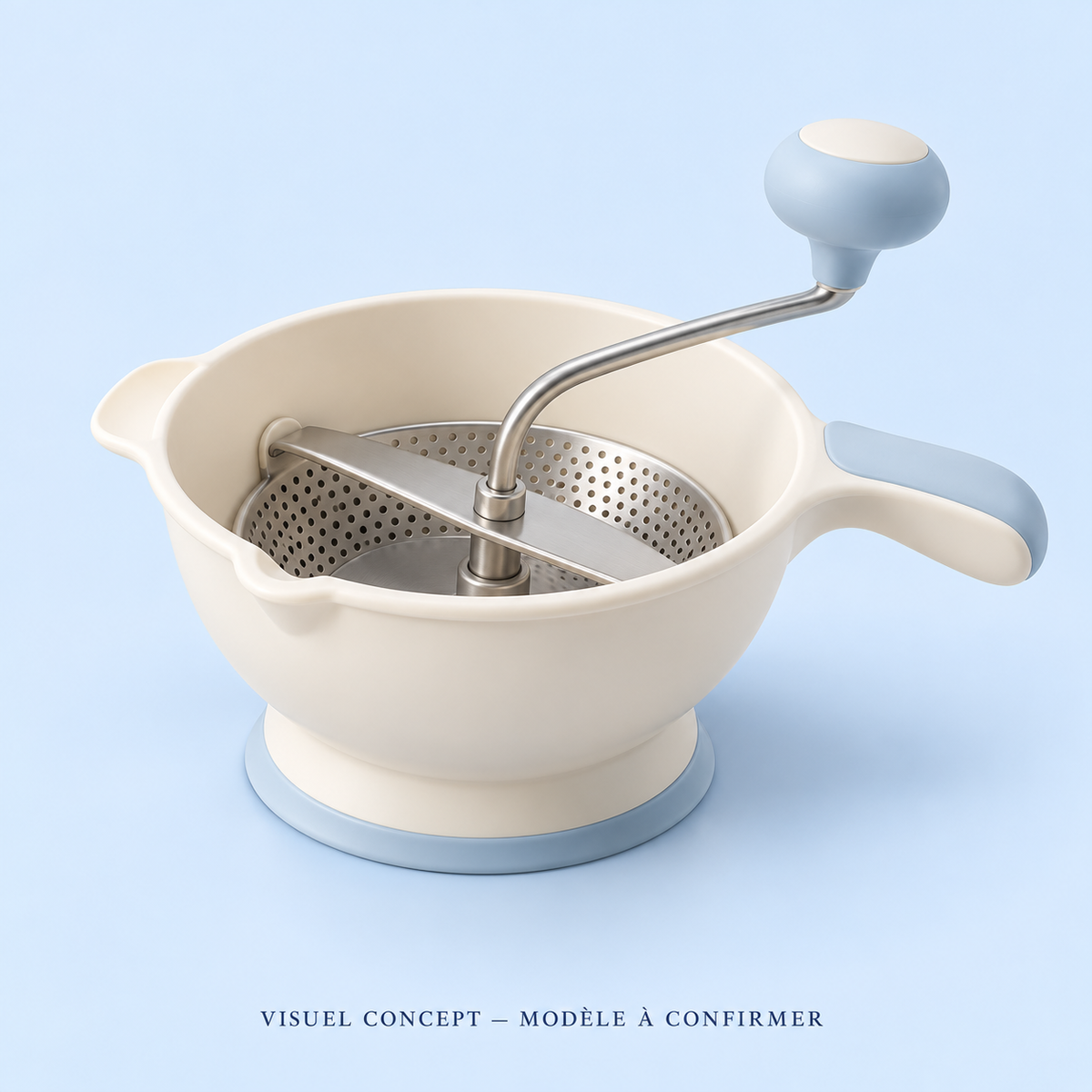 Visuel concept — Moulin manuel pour préparations bébé DEENII ; modèle fournisseur à confirmer.