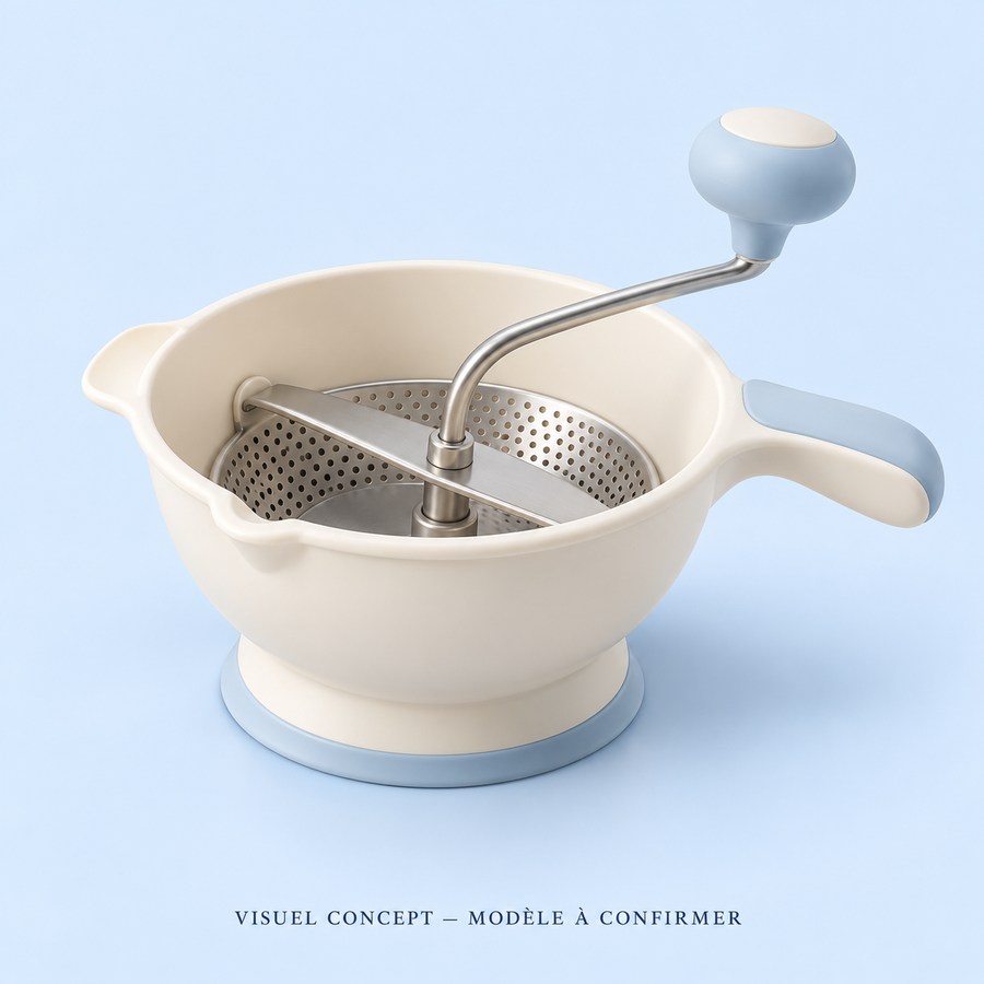 Visuel concept — Moulin manuel pour préparations bébé DEENII ; modèle fournisseur à confirmer.