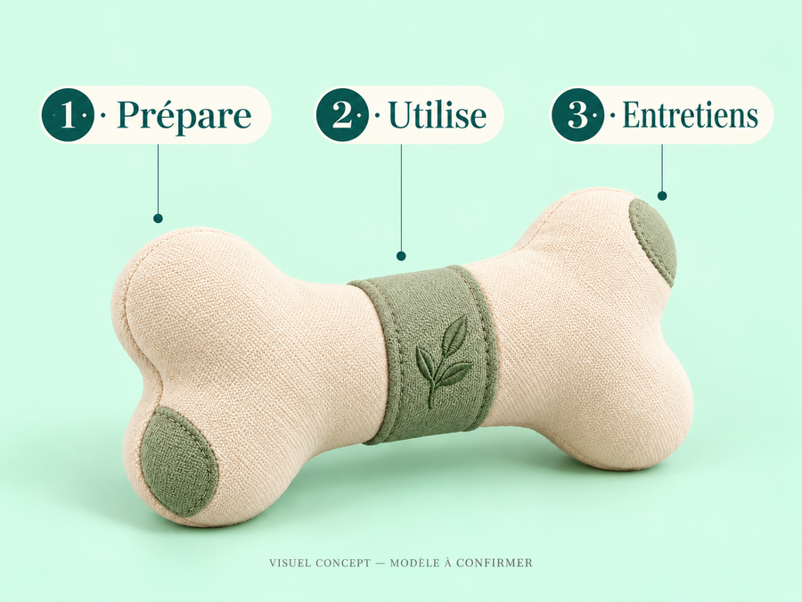 Peluche de jeu pour chien DEENII — gestes ; visuel concept, modèle à confirmer.