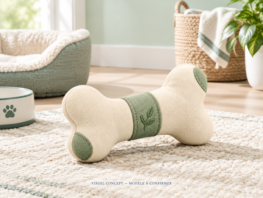 Peluche de jeu pour chien DEENII — mise en situation illustrative ; visuel concept, modèle à confirmer.