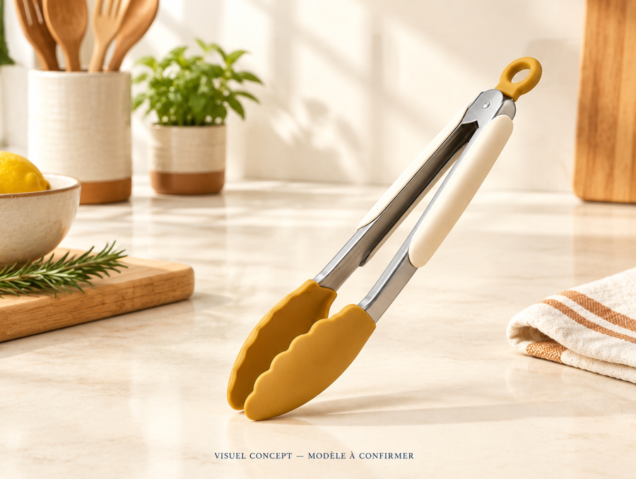 Pince de cuisine DEENII — mise en situation illustrative ; visuel concept, modèle à confirmer.