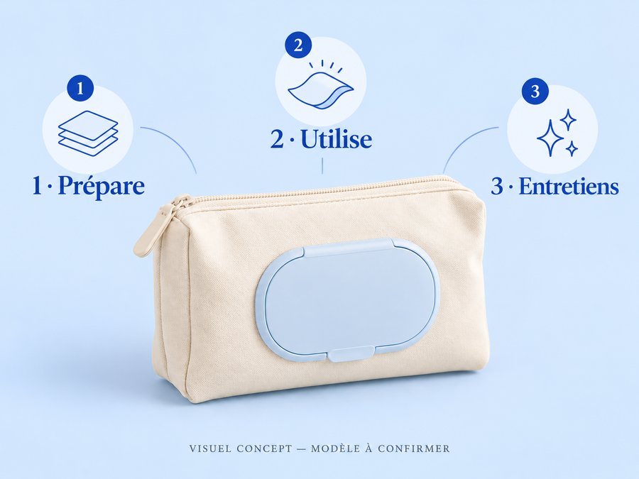 Pochette de transport pour lingettes DEENII — gestes ; visuel concept, modèle à confirmer.
