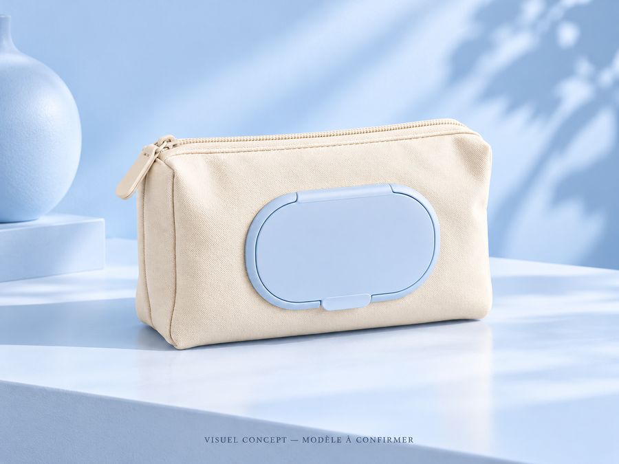 Pochette de transport pour lingettes DEENII — rangement ; visuel concept, modèle à confirmer.