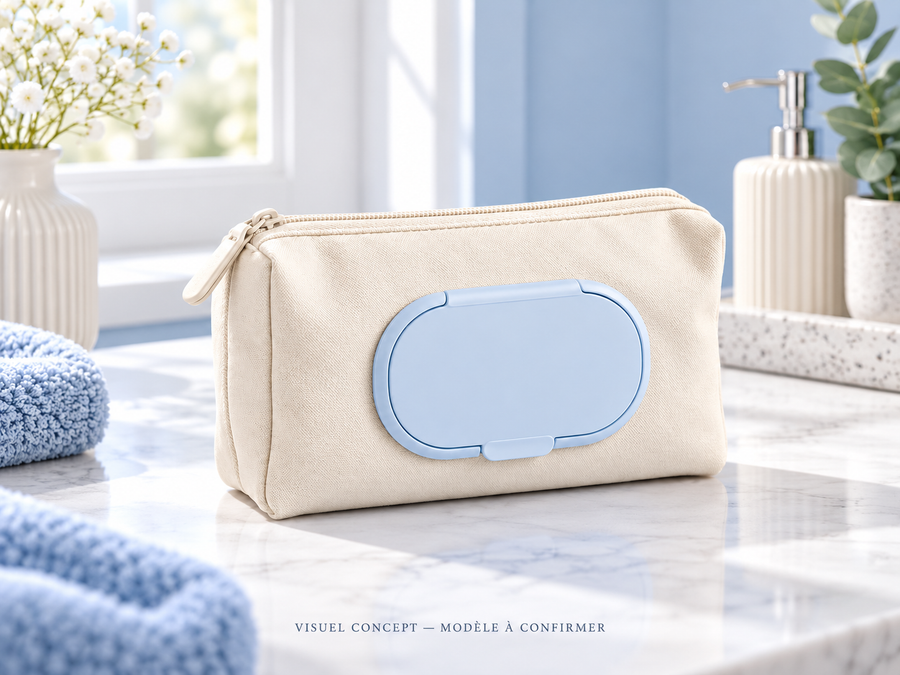 Pochette de transport pour lingettes DEENII — situation ; visuel concept, modèle à confirmer.