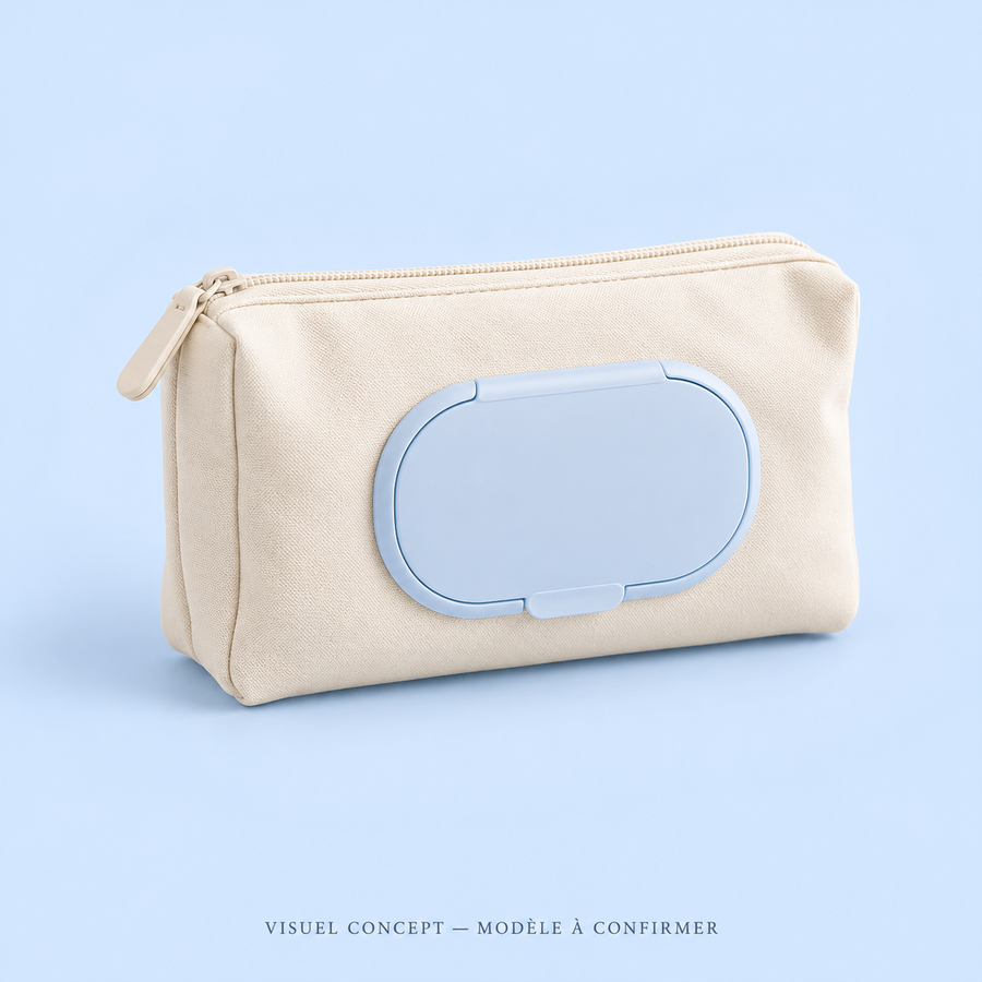 Visuel concept — Pochette de transport pour lingettes DEENII ; modèle fournisseur à confirmer.