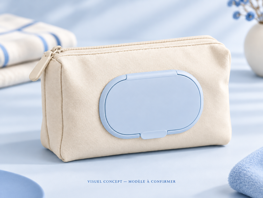 Pochette de transport pour lingettes DEENII — détail illustratif ; visuel concept, modèle à confirmer.