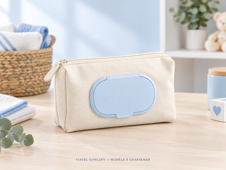 Pochette de transport pour lingettes DEENII — mise en situation illustrative ; visuel concept, modèle à confirmer.