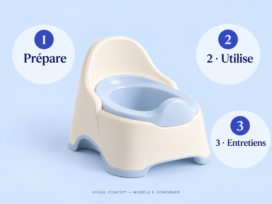 Pot de voyage pour enfant DEENII — gestes ; visuel concept, modèle à confirmer.