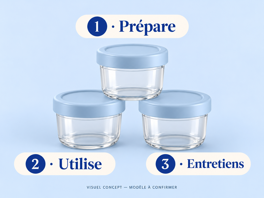 Pots pour portions bébé DEENII — gestes ; visuel concept, modèle à confirmer.