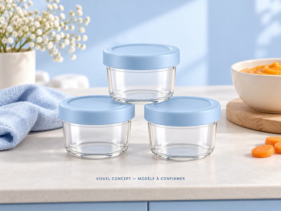 Pots pour portions bébé DEENII — rangement ; visuel concept, modèle à confirmer.
