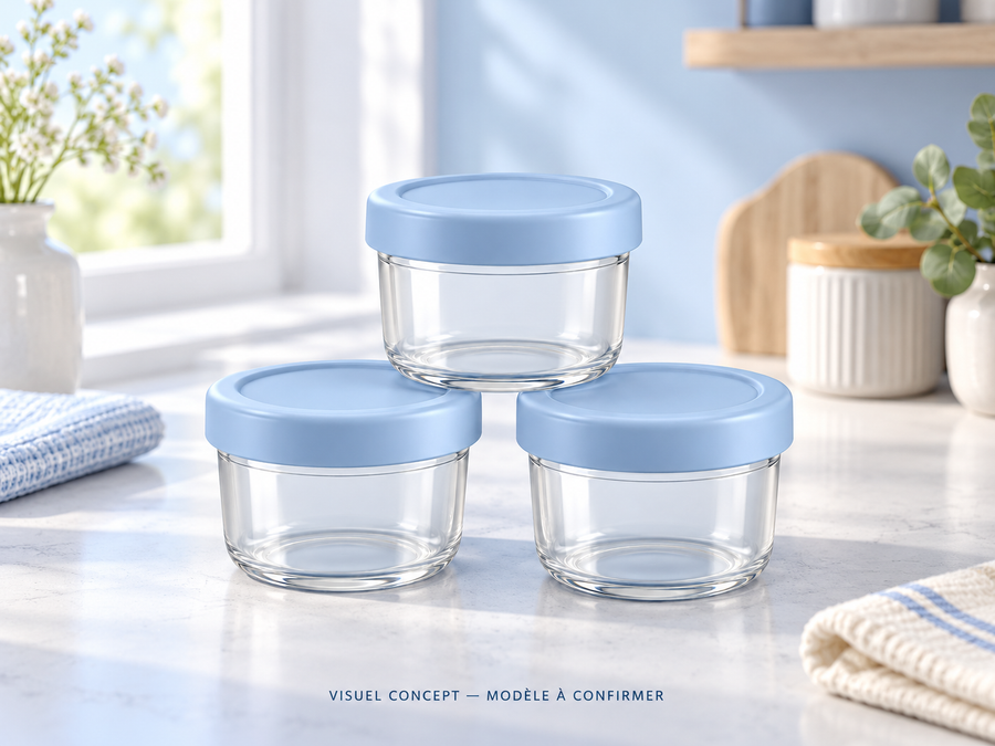 Pots pour portions bébé DEENII — situation ; visuel concept, modèle à confirmer.
