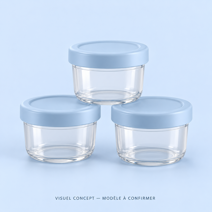 Visuel concept — Pots pour portions bébé DEENII ; modèle fournisseur à confirmer.