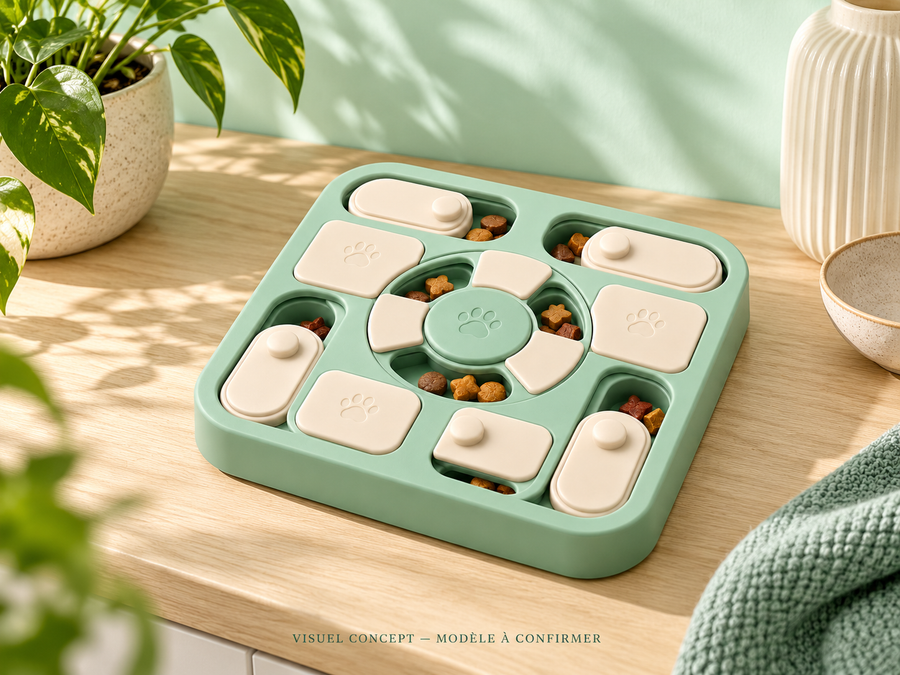 Puzzle à friandises pour chat DEENII — rangement ; visuel concept, modèle à confirmer.