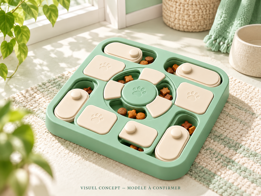 Puzzle à friandises pour chat DEENII — situation ; visuel concept, modèle à confirmer.